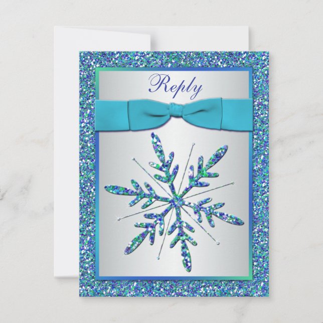 Aqua, Silver, Blue Snowflake RSVP Card Karte (Vorderseite)