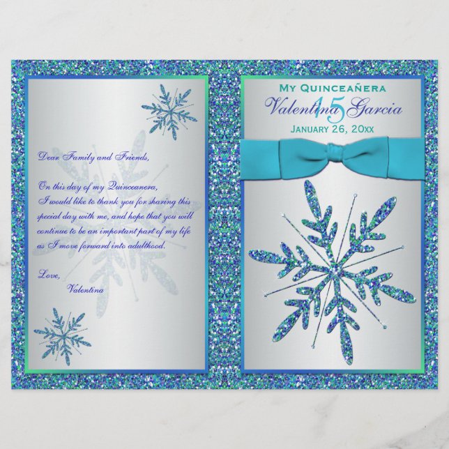 Aqua Silver Blue Snowflakes Quinceñera Programm (Vorderseite)
