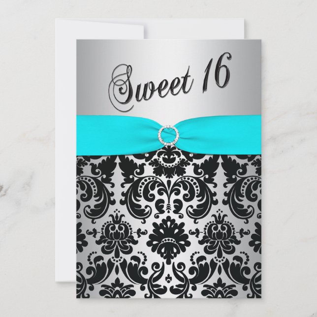 Aqua, Silver et Black Damask Sweet 16 Invitation (Devant)