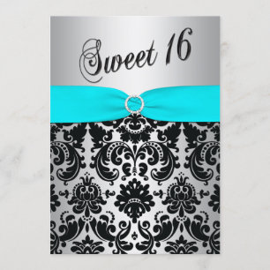 Aqua, Silver et Black Damask Sweet 16 Invitation