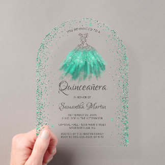 Aqua Silver Glitzer Dress Quinceañera Party Acryleinladungen