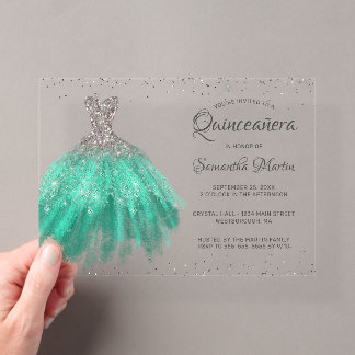 Aqua Silver Glitzer Dress Script Quinceañera Party Acryleinladungen