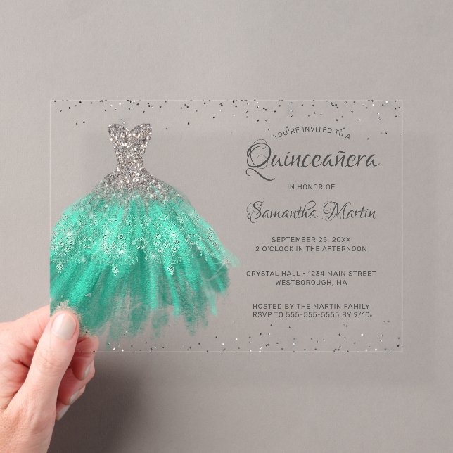 Aqua Silver Glitzer Dress Script Quinceañera Party Acryleinladungen (Insitu (Handheld))