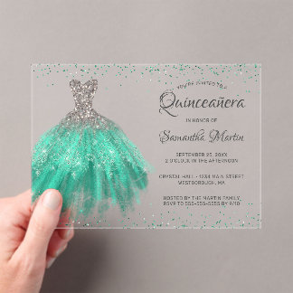 Aqua Silver Glitzer Dress Script Quinceañera Party Acryleinladungen