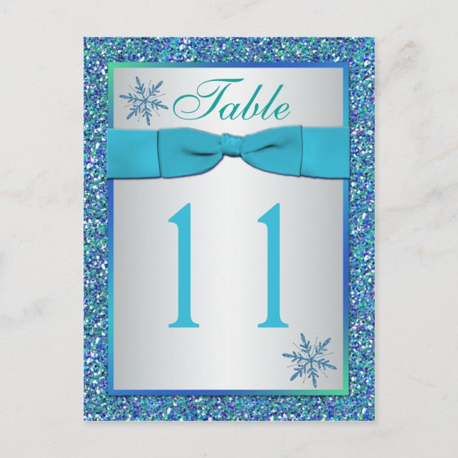 Aqua Silver Green Snowflakes Tischnummer Card (Vorderseite)