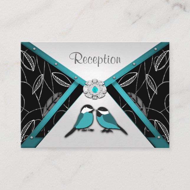 Aqua & Silver Love Vögel Hochzeitskarten Begleitkarte (Vorderseite)
