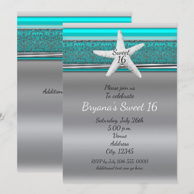 Aqua & Silver Starfish Beach Sweet 16 Einladungen (Vorne/Hinten)