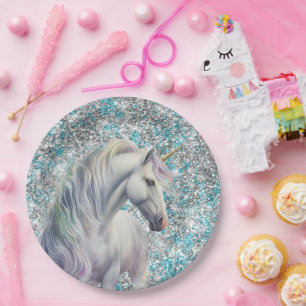 Aqua Silver Unicorn Glitzer Sparkle Geburtstag Pappteller