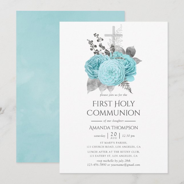 Aqua & Silver Vintag Shabby Rose Heilige Kommune Einladung (Vorne/Hinten)
