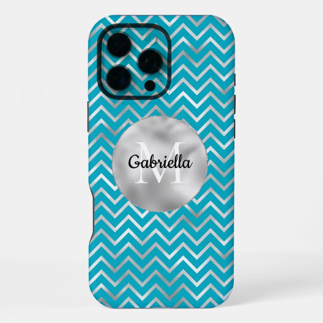 Aqua Silver Zigzag Streifen Monogram iPhone 16 Pro Max Hülle (Rückseite)