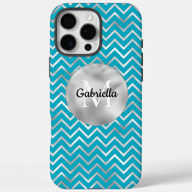 Aqua Silver Zigzag Streifen Monogram iPhone 16 Pro Max Hülle (Rückseite)