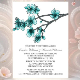 Aqua Simple Cerise Fleurs Mariage Invitation