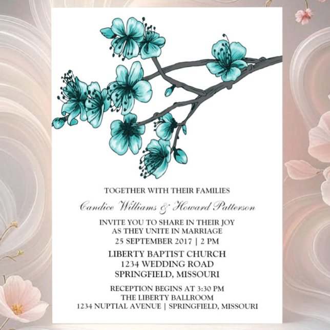 Aqua Simple Cherry Blossoms Hochzeit einladen Einladung (Aqua Simple Cherry Blossom Wedding Invite)