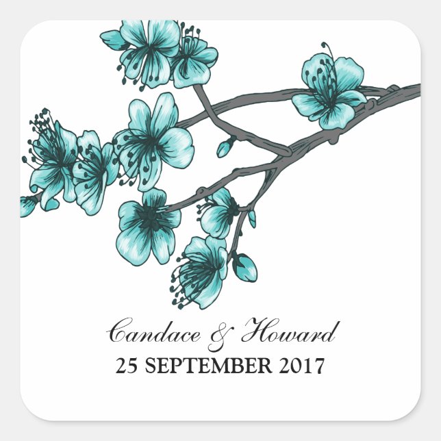 Aqua Simple Cherry Blossoms Hochzeitskleber Quadratischer Aufkleber (Vorderseite)