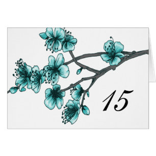 Aqua Simple Cherry Blossoms Tischnummer Card