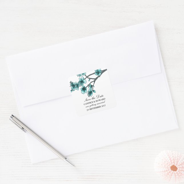 Aqua Simple Cherry Blüten Save the Date Quadratischer Aufkleber (Umschlag)