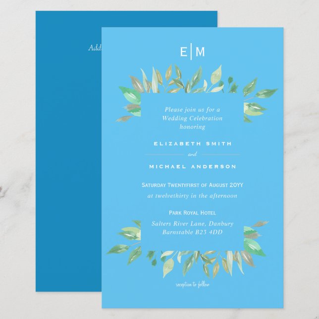 Aqua Sky Blue Floral Budget Hochzeit Einladung A9 (Vorne/Hinten)