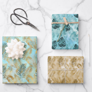 Aqua Sky Green Gold Feuilles Tropicales