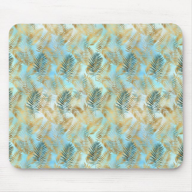 Aqua Sky Green Gold Tropical Blätter          Mousepad (Vorne)