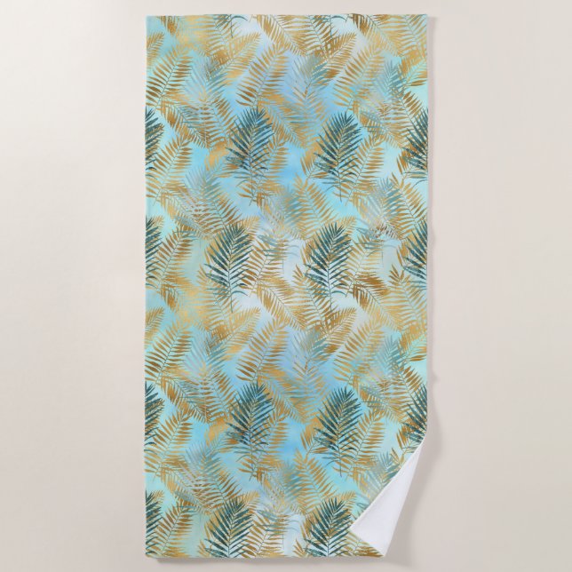 Aqua Sky Green Gold Tropical Blätter Strandtuch (Vorderseite)