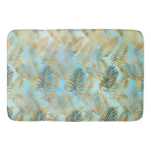 Aqua Sky Grün Gold Tropische Blätter         Badematte