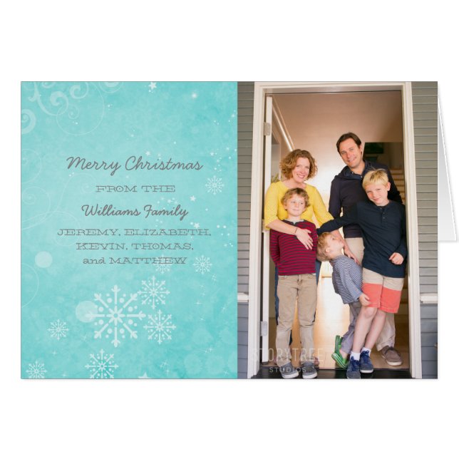 Aqua Snowflake Wirbel Holiday Foto-Karte (Vorderseite (Horizontal))