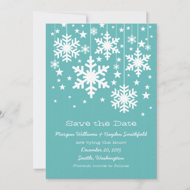 Aqua Snowflakes und Stars Save the Date einladen (Vorderseite)
