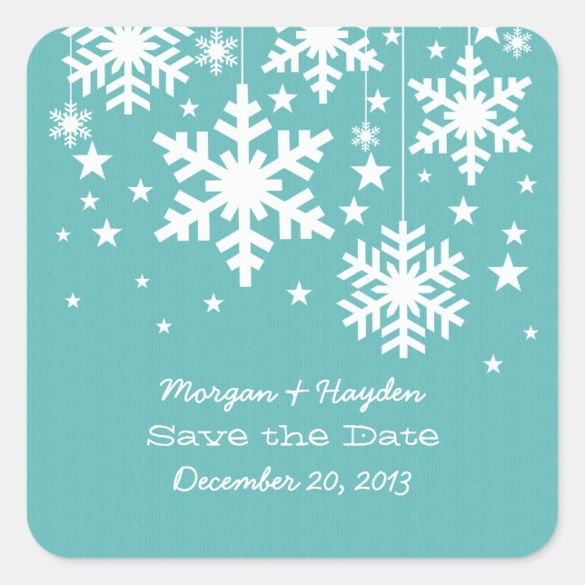 Aqua Snowflakes und Stars Save the Date Stickers (Vorderseite)