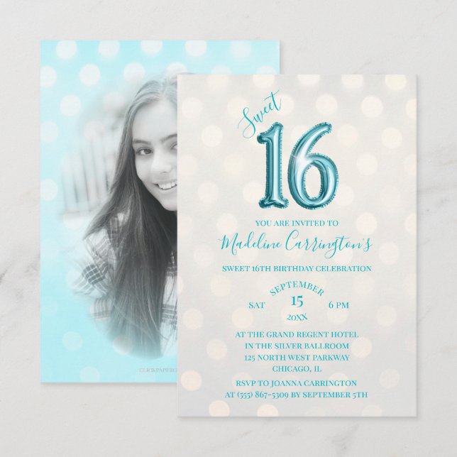 Aqua Sparkle Foil Sweet 16 Birthday Foto Einladung (Vorne/Hinten)
