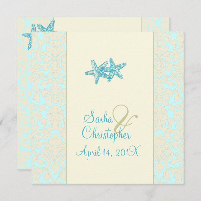 AQUA STARFISH+DAMASK WEDDING INVITATIONS EINLADUNG (Vorne/Hinten)