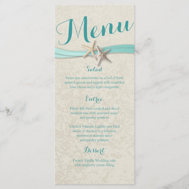 Aqua Starfish et Ribbon Beach Wedding Menu (Devant)