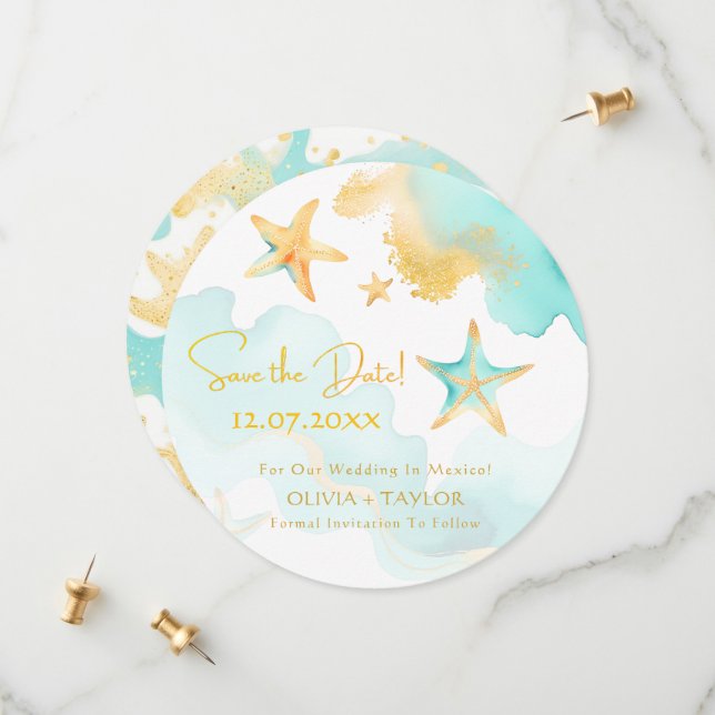 Aqua Starfish Nautical Beach Hochzeit Save the Dat Save The Date (Vorderseite/Rückseite Beispiel)
