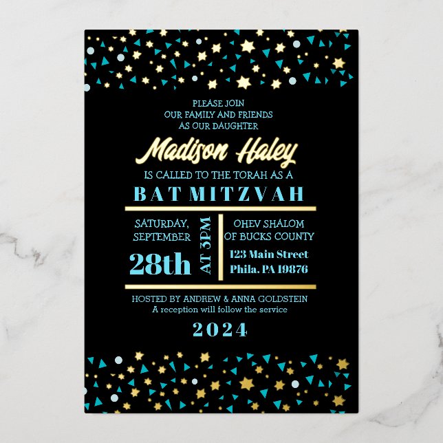 Aqua Stars Bar Bat Mitzvah Einladung Gold (Vorderseite)