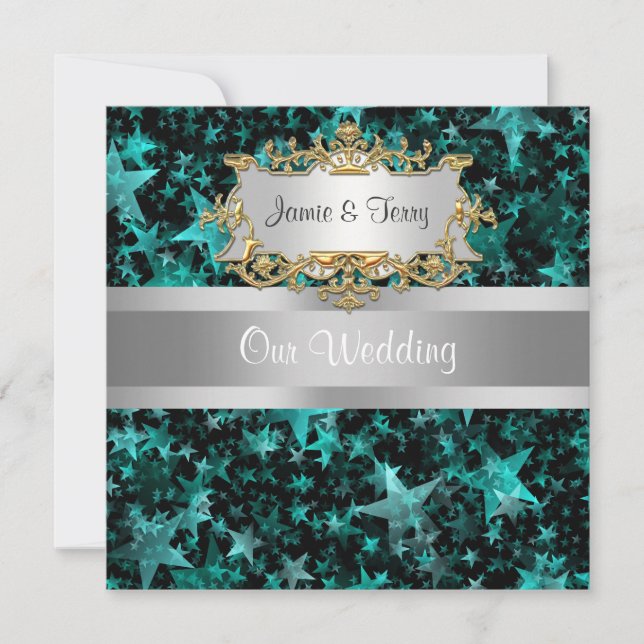 Aqua Stars Gray Ribbon Wedding Einladung (Vorderseite)