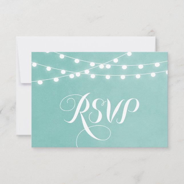 Aqua String Lights Wedding RSVP Card (Vorderseite)