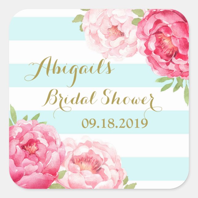 Aqua Stripes Rosa Brautparty Gefallen Tag Quadratischer Aufkleber (Vorderseite)