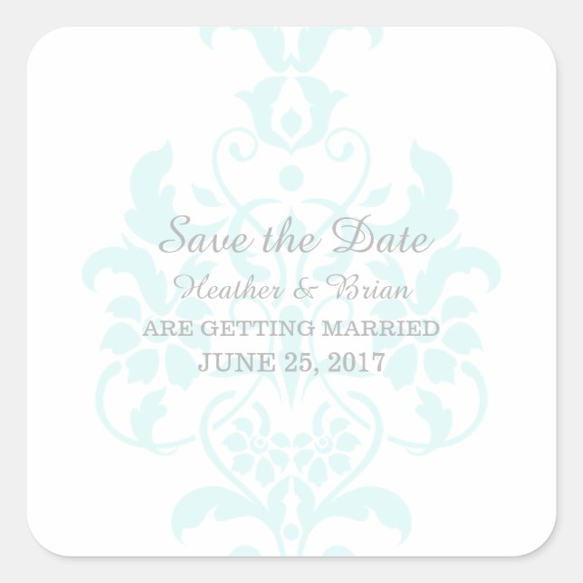 Aqua Subtle Damask Save the Date Stickers (Vorderseite)