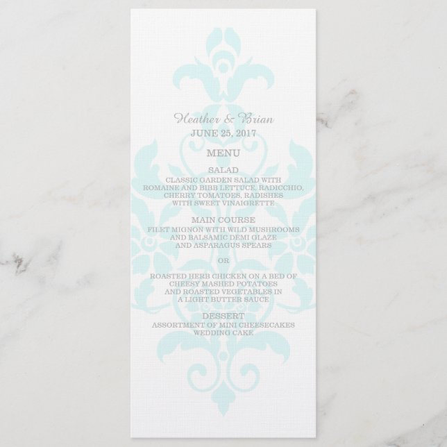 Aqua Subtle Damask Wedding Menu Menükarte (Vorderseite)