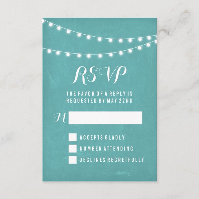 Aqua Summer String Light Wedding RSVP Karte (Vorderseite)