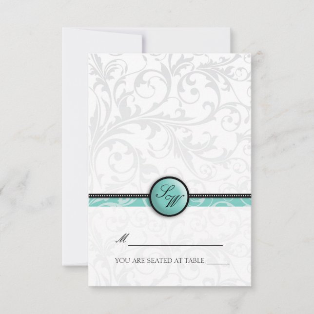 Aqua Swirl Monogram Faltenzelt Platzkarte (Vorderseite)
