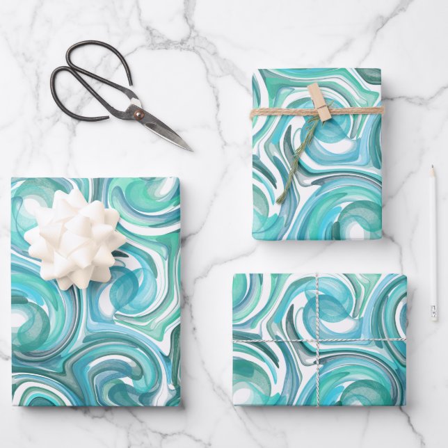Aqua Swirl Packpapier Geschenkpapier Set (Vorderseite)