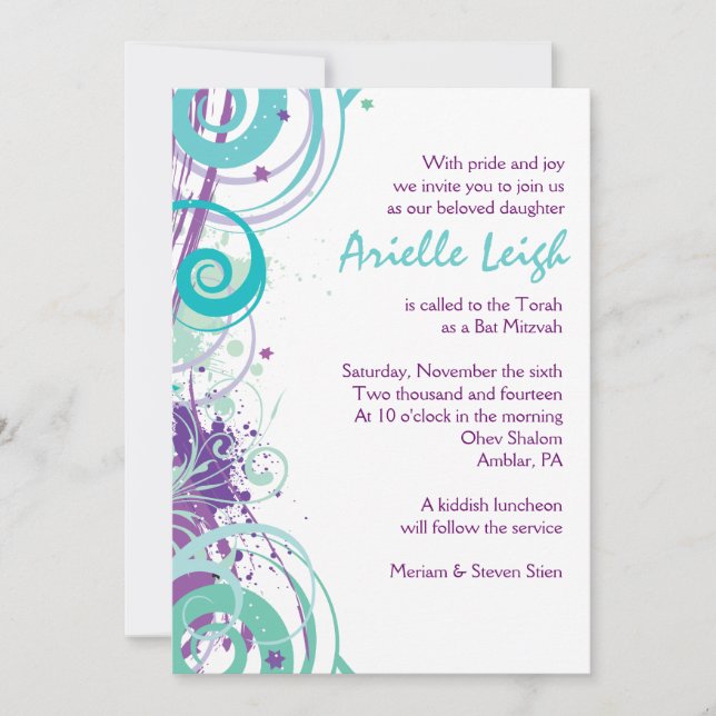 AQUA SWIRLS & STARS Bat mitzvah Invitation (Devant)