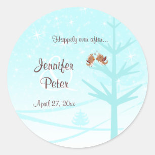 Aqua, Taupe, braune Lovebirds Hochzeitsplatte Runder Aufkleber