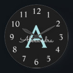 Aqua Teal Blue Script Girly Monogram Name Große Wanduhr<br><div class="desc">Aqua Teal Blue and Gold Simple Script Monogram Name Clock. This makes the perfect sweet 16 birthday,  wedding,  bridal shower,  anniversary,  baby shower or bachelorette party gift for someone that loves glam luxury and chic styles.</div>
