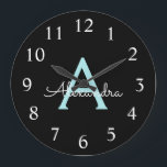 Aqua Teal Blue Script Girly Monogram Name Große Wanduhr<br><div class="desc">Aqua Teal Blue and Gold Simple Script Monogram Name Clock. This makes the perfect sweet 16 birthday,  wedding,  bridal shower,  anniversary,  baby shower or bachelorette party gift for someone that loves glam luxury and chic styles.</div>