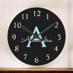 Aqua Teal Blue Script Girly Monogram Name Runde Wanduhr<br><div class="desc">Aqua Teal Blue and Gold Simple Script Monogram Name Clock. This makes the perfect sweet 16 birthday,  wedding,  bridal shower,  anniversary,  baby shower or bachelorette party gift for someone that loves glam luxury and chic styles.</div>