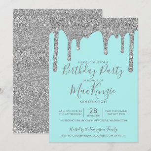 Aqua Teal Silber Glitter Tropfen Geburtstag Einladung