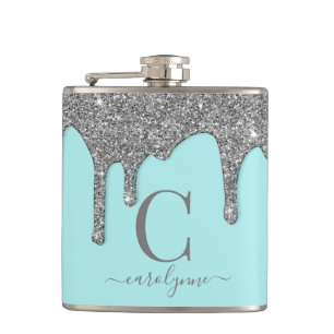 Aqua Teal Silber Glitter Tropfen Monogramm Flachmann