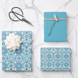 Aqua, Teals, Blues und Weiß Art Deco Coastal Geschenkpapier Set