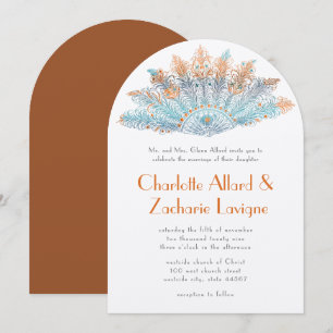 Aqua Terracotta Coral Vintag Feather Fan Wedding Einladung